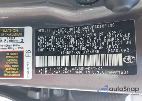 2017 Toyota Camry Le from USA, damaged, VIN 4T1BF1FK6HU354966